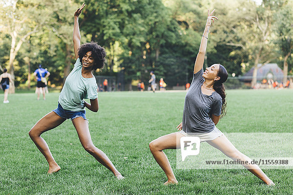 Zwei junge Frauen beim Yoga im Park