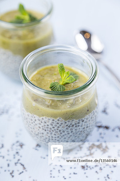 Glas Chiapudding mit Soja-Vanille-Milch und Kiwi-Brei