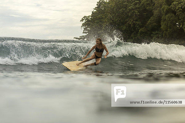 Indonesien  Java  glückliche Frau beim Surfen