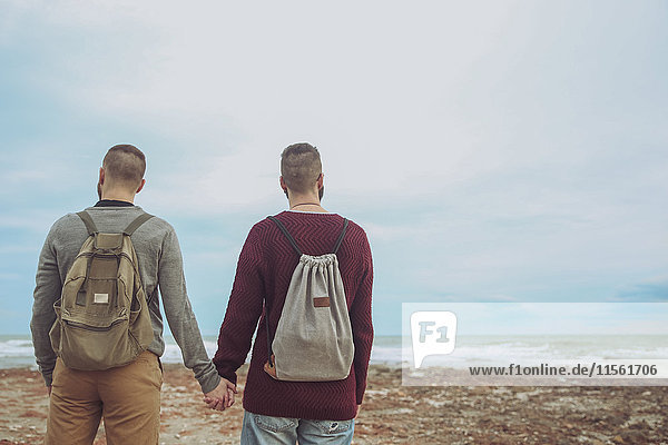 Rückansicht eines jungen schwulen Paares mit Rucksäcken  die Hand in Hand am Strand stehen und auf das Meer blicken.