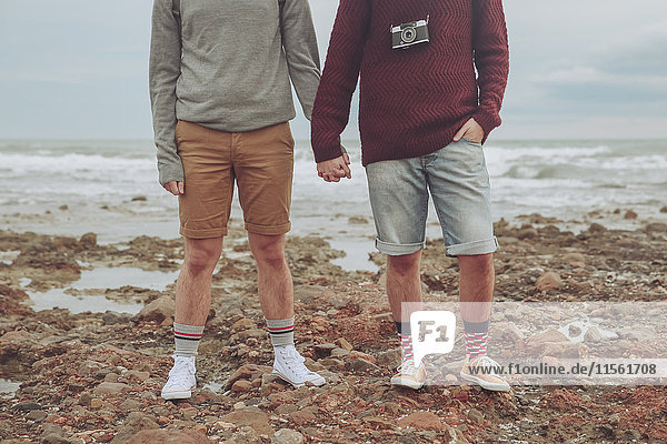 Junges schwules Paar steht Hand in Hand am Strand  Teilansicht