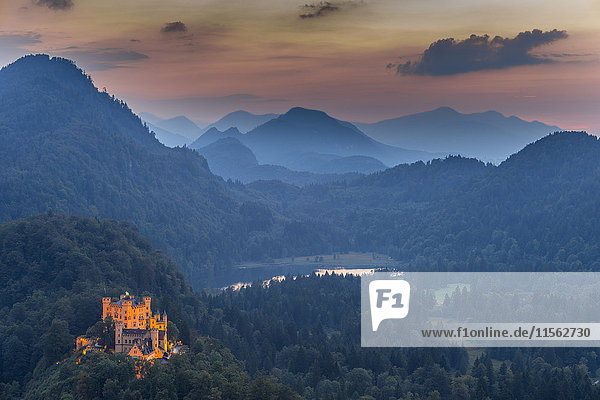 Germany  Bavaria  Allgaeu  Hohenschwangau Castle and Lake Alpsee at sunset