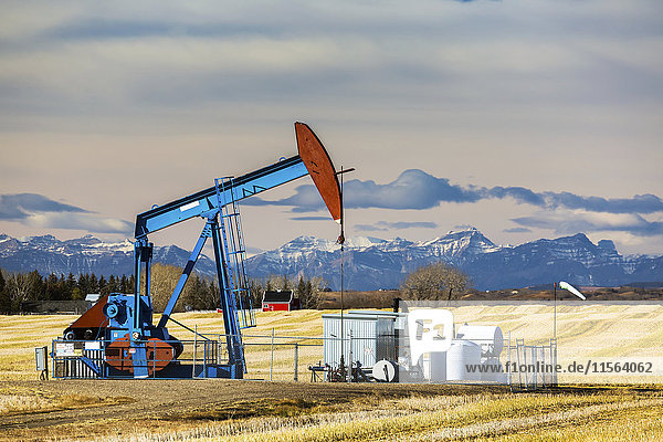 'Colourful pump jack in cut canola stubble field with mountains in the background; Alberta  Canada'