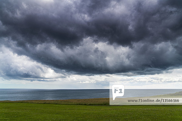 Dunkle Wolken über dem Meer und grüne Felder entlang der Küste; South Shields  Tyne and Wear  England'.