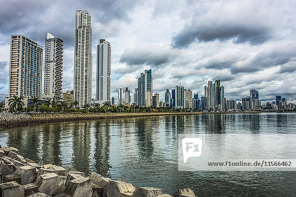 'A portion of the Panama City skyline at Cinta Costera area as seen from the coastal trail near the Casco Veijo; Panama City  Panama'