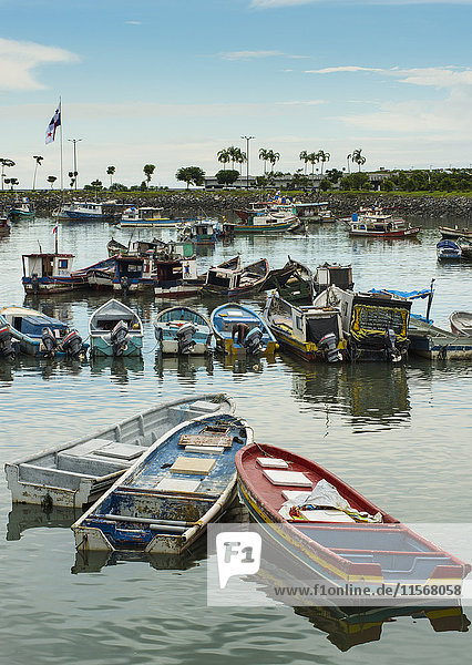 'Fishing boats in the Panama city Commercial Fish market harbour  some working and some not; Panama City  Panama'