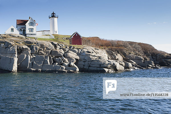 USA  Maine  York  Cape Neddick  Nubble Light lighthouse at seashore