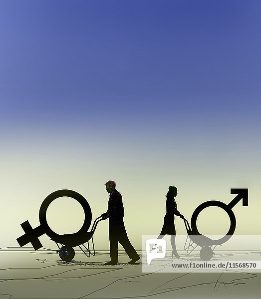 Mann und Frau schieben Geschlechtersymbole in Schubkarren in unterschiedliche Richtungen