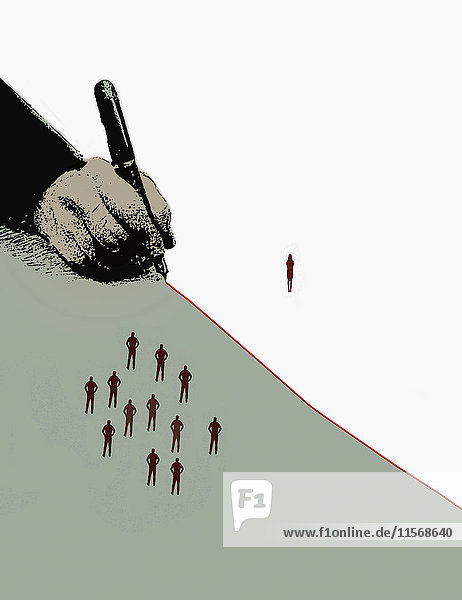 Hand zeichnet eine trennende rote Linie zwischen Männern und einer Frau