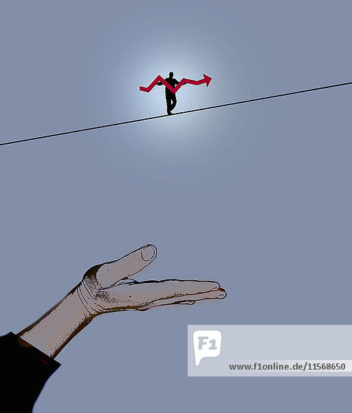 Man walking tightrope using line graph pole above hand held out as safety net