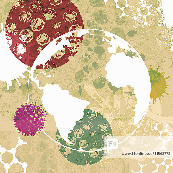 Globus umgeben von Bakterien und Viren