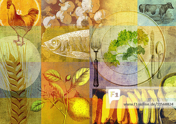 Collage of healthy food and place setting