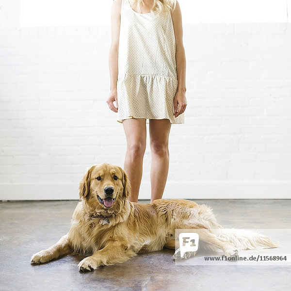 Young woman with golden retriever