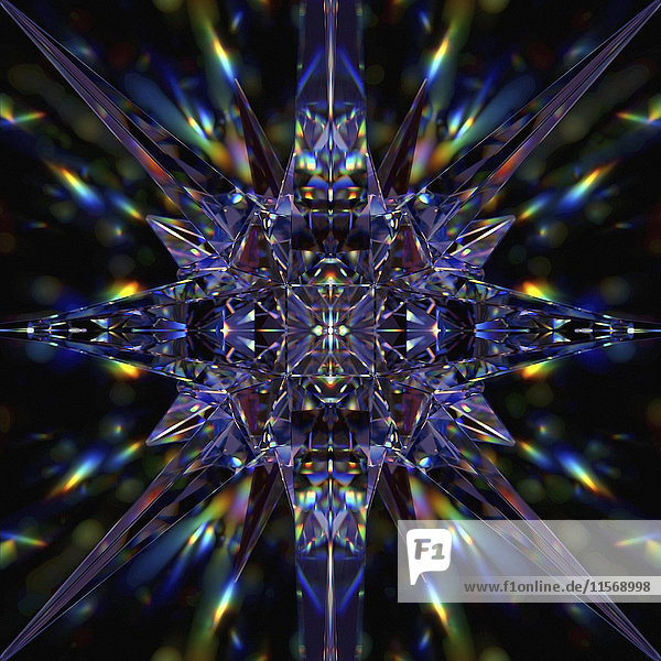 Abstraktes symmetrisches Muster bunter Lichtspuren und kristallener Pyramiden- Formen