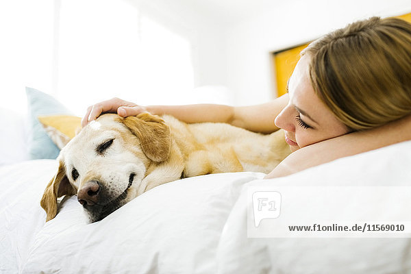 Young woman stroking golden retriever in bed