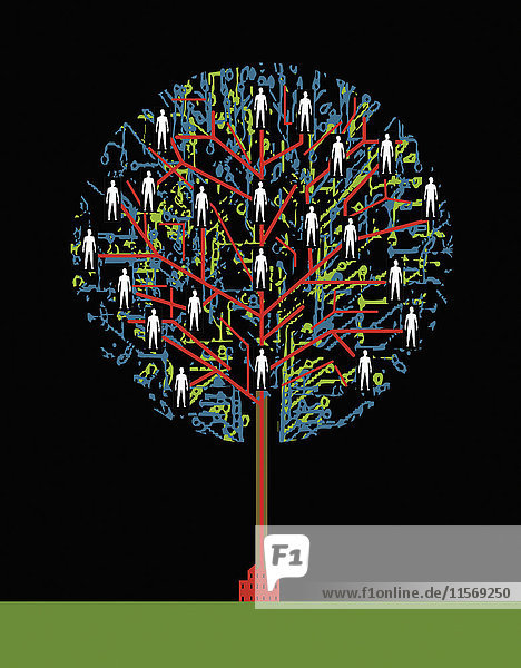 Menschen verbunden in einem Netzwerk-Baum  der aus einer Fabrik wächst