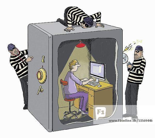 Einbrecher versuchen an einem Mann am Computer im Tresor heranzukommen