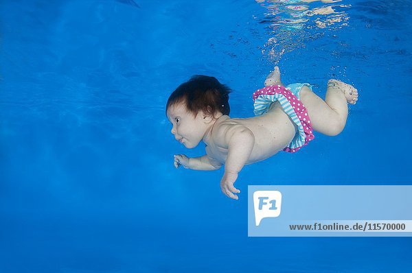 4 Monate alter Säugling lernt in einem Pool unter Wasser zu schwimmen  Odessa  Ukraine  Europa