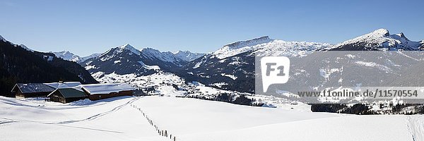 Hütten vor Alpenpanorama mit Berg Hoher Ifen  2228m  Winter  Kleinwalsertal  Vorarlberg  Österreich  Europa