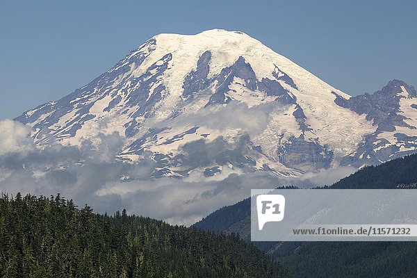 View of the snow-capped volcanic cone of Mount Rainier  Washington  USA  North America