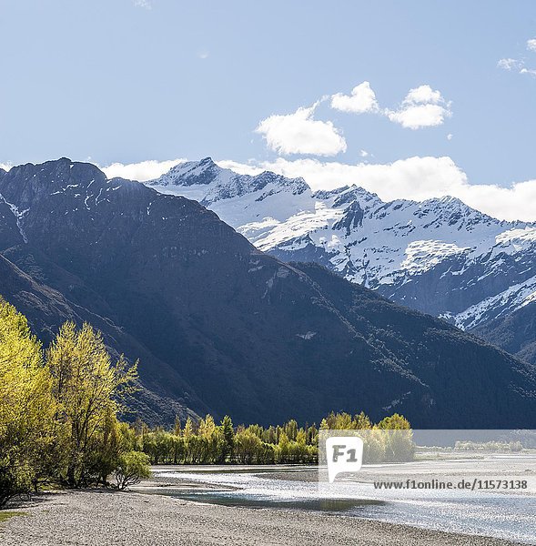 Matukituki Fluss schneebedeckter Mount Aspiring Mount Aspiring National Park Otago Südinsel Neuseeland Ozeanien