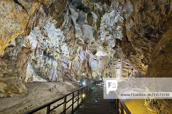 Boardwalk through illuminated dripstone cave  stalactites and stalagmites  Thiên ?ng Cave  National Park Phong Nha-Ke Bang  Phong Nha  Quang Binh  Vietnam  Asia