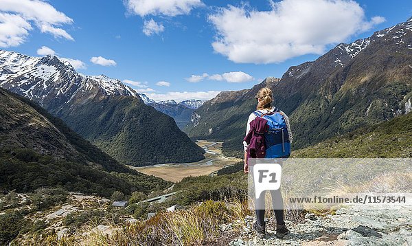 Hiker overlooks the Routeburn Flats  Routeburn Track  behind Humboldt Mountains  Westland District  West Coast  Southland  New Zealand  Oceania