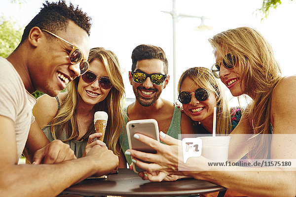 Fünf erwachsene Freunde schauen sich am Parktisch ein Smartphone an