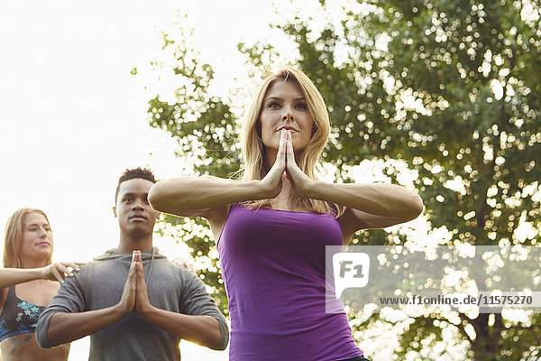 Männliche und weibliche Erwachsene  die im Park mit den Händen zusammen Yoga praktizieren