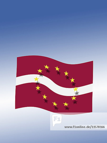 Sterne der Europäischen Union schweben über der lettischen Flagge