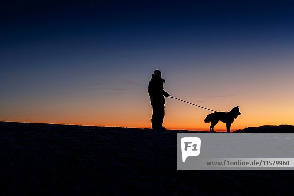 Silhouetted side view of man and dog standing on hill horizon at night