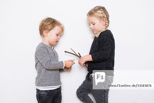 Young girl and boy leaning against white background  girl holding twigs