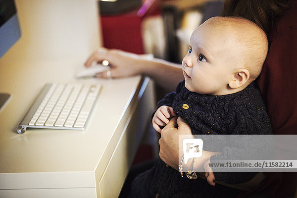 A baby seated on an adult's knee  looking at a computer screen