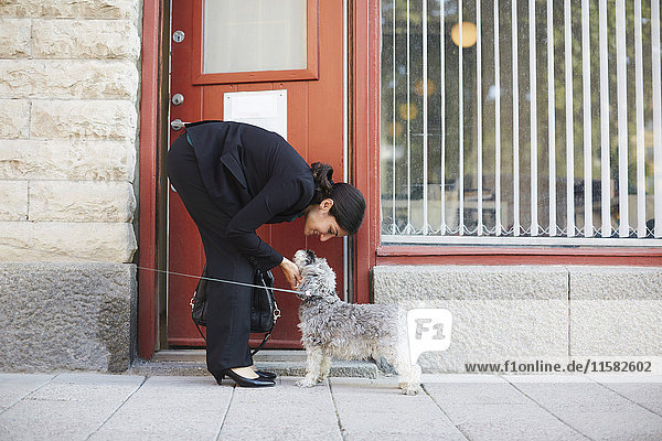 Durchgehende Seitenansicht der Geschäftsfrau streichelnder Hund außerhalb des Büros