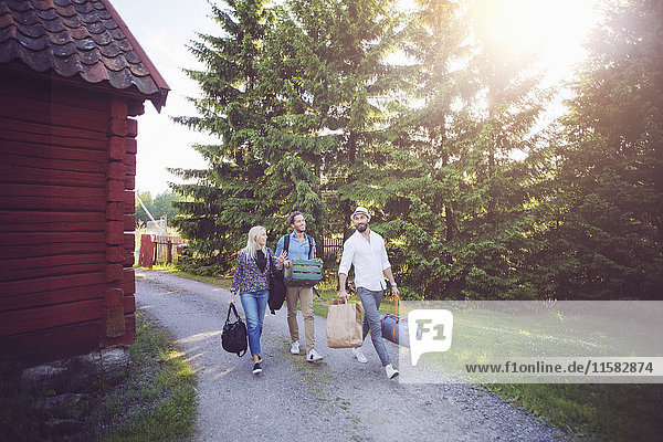 Volle Länge von Freunden mit Gepäck  die auf einem Wanderweg zwischen Hütten und Bäumen spazieren gehen.