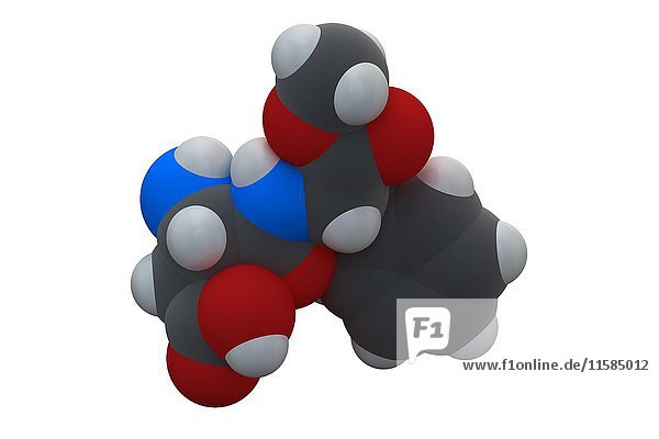Aspartam ist ein künstliches Süßstoffmolekül (Zuckeraustauschstoff). Die chemische Formel lautet C14H18N2O5. Die Atome sind als Kugeln dargestellt: Kohlenstoff (grau)  Wasserstoff (weiß)  Stickstoff (blau)  Sauerstoff (rot). Illustration.