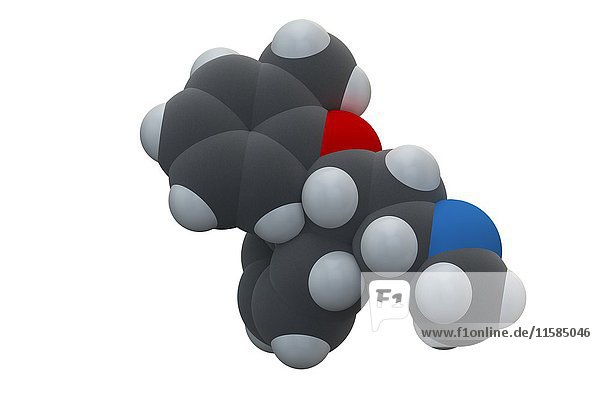 Atomoxetin Aufmerksamkeitsdefizit-Hyperaktivitätsstörung (ADHD) Medikamentenmolekül. Die chemische Formel lautet C17H21NO. Die Atome sind als Kugeln dargestellt: Kohlenstoff (grau)  Wasserstoff (weiß)  Stickstoff (blau)  Sauerstoff (rot). Illustration.