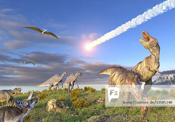 Illustration des K/T-Ereignisses am Ende der Kreidezeit. Ein zehn Kilometer breiter Asteroid oder Komet dringt in die Erdatmosphäre ein  während Dinosaurier  darunter T. rex  zusehen.