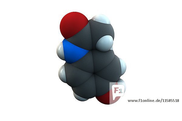 Paracetamol (Acetaminophen) drug molecule. Chemical formula is C8H9NO2. Atoms are represented as spheres: carbon (grey)  hydrogen (white)  nitrogen (blue)  oxygen (red). Illustration.