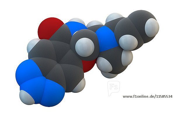 Alizaprid antiemetisches Arzneimittelmolekül. Wird zur Behandlung von Übelkeit und Erbrechen eingesetzt. Die chemische Formel lautet C16H21N5O2. Die Atome sind als Kugeln dargestellt: Kohlenstoff (grau)  Wasserstoff (weiß)  Stickstoff (blau)  Sauerstoff (rot). Illustration.
