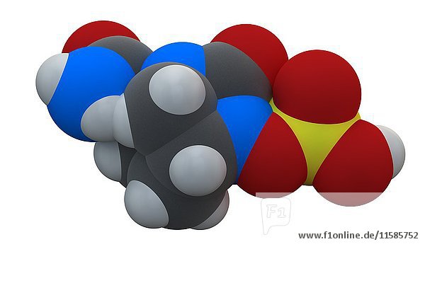 Arzneimittelmolekül Avibactam. Beta-Lactamase-Inhibitor  der in Kombination mit Antibiotika verabreicht wird. Die chemische Formel lautet C7H11N3O6S. Die Atome sind als Kugeln dargestellt: Kohlenstoff (grau)  Wasserstoff (weiß)  Stickstoff (blau)  Sauerstoff (rot)  Schwefel (gelb). Illustration.