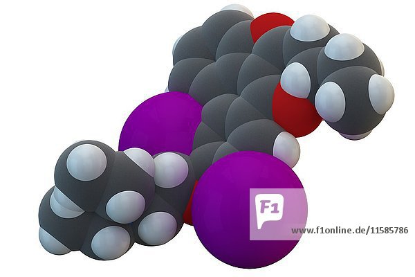 Molekül des Antiarrhythmikums Amiodaron. Die chemische Formel lautet C25H29I2NO3. Die Atome sind als Kugeln dargestellt: Kohlenstoff (grau)  Wasserstoff (weiß)  Stickstoff (blau)  Sauerstoff (rot). Illustration.