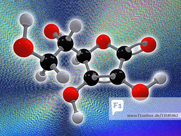 Vitamin C. Molekulares Modell der Ascorbinsäure (C6.H8.O6)  auch bekannt als Vitamin C. Dieses Vitamin ist erforderlich  um den Körper vor oxidativem Stress zu schützen. Die Atome sind als Kugeln dargestellt und farblich kodiert: Kohlenstoff (schwarz)  Wasserstoff (grau) und Sauerstoff (rot). Im Hintergrund eine mikroskopische Aufnahme von kristallisiertem Vitamin C  aufgenommen mit polarisiertem Licht.