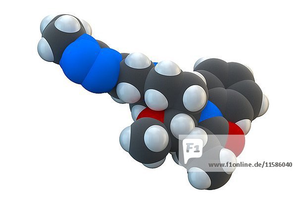 Alfentanil  molekulares Modell. Synthetisches Opioid-Analgetikum  das zur Anästhesie in der Chirurgie verwendet wird. Die chemische Formel lautet C21H32N6O3. Die Atome sind als Kugeln dargestellt: Kohlenstoff (grau)  Wasserstoff (weiß)  Stickstoff (blau)  Sauerstoff (rot). Illustration.