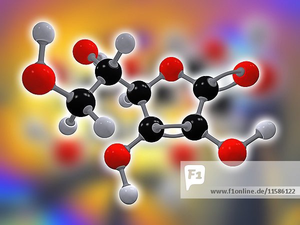 Vitamin C. Molekulares Modell der Ascorbinsäure (C6.H8.O6)  auch bekannt als Vitamin C. Dieses Vitamin ist erforderlich  um den Körper vor oxidativem Stress zu schützen. Die Atome sind als Kugeln dargestellt und farblich codiert: Kohlenstoff (schwarz)  Wasserstoff (grau) und Sauerstoff (rot)