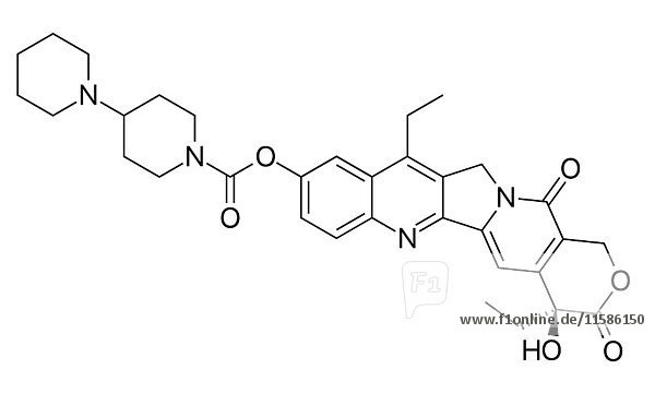 Irinotecan cancer chemotherapy drug molecule. Stylized skeletal formula (chemical structure).