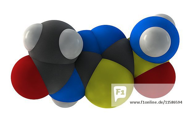 Acetazolamid ist ein harntreibendes Arzneimittelmolekül. Die chemische Formel lautet C4H6N4O3S2. Die Atome sind als Kugeln dargestellt: Kohlenstoff (grau)  Wasserstoff (weiß)  Stickstoff (blau)  Sauerstoff (rot)  Schwefel (gelb). Illustration.
