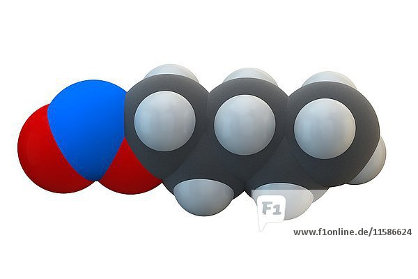Amyl nitrite molecule. Used in treatment of angina and as a recreational drug. Chemical formula is C5H11NO2. Atoms are represented as spheres: carbon (grey)  hydrogen (white)  nitrogen (blue)  oxygen (red). Illustration.