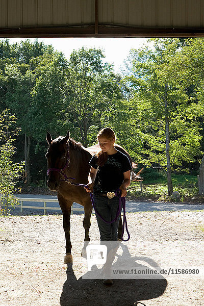 Teenager-Mädchen geht mit Pferd durch die Koppel