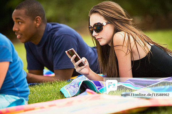 Teenager in Gras-Textnachrichten auf Mobiltelefonen